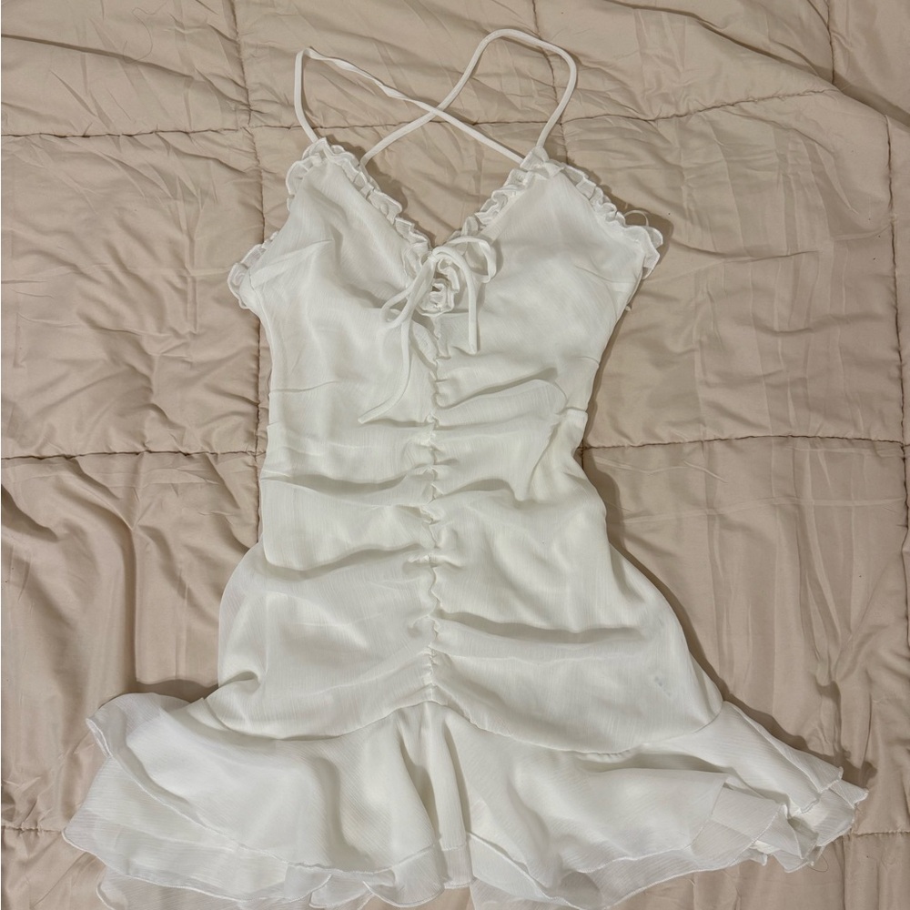 Elegant White Ruffle Trim Dress